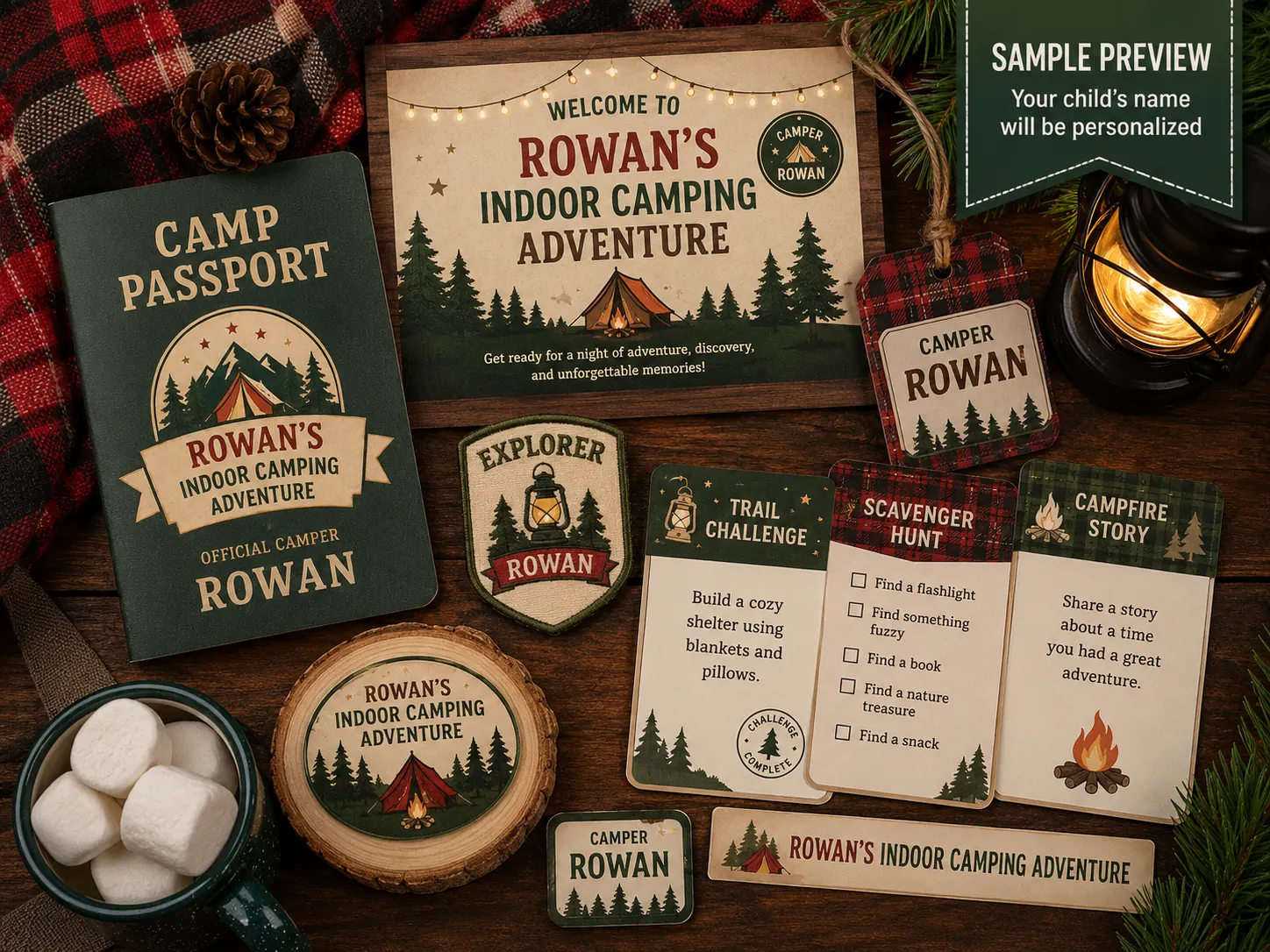 Indoor Camping Adventure sleepover experience kit — a personalized camp passport, a welcome sign, an explorer badge, trail challenge, scavenger hunt and campfire story cards, a luggage tag and personalized name labels.