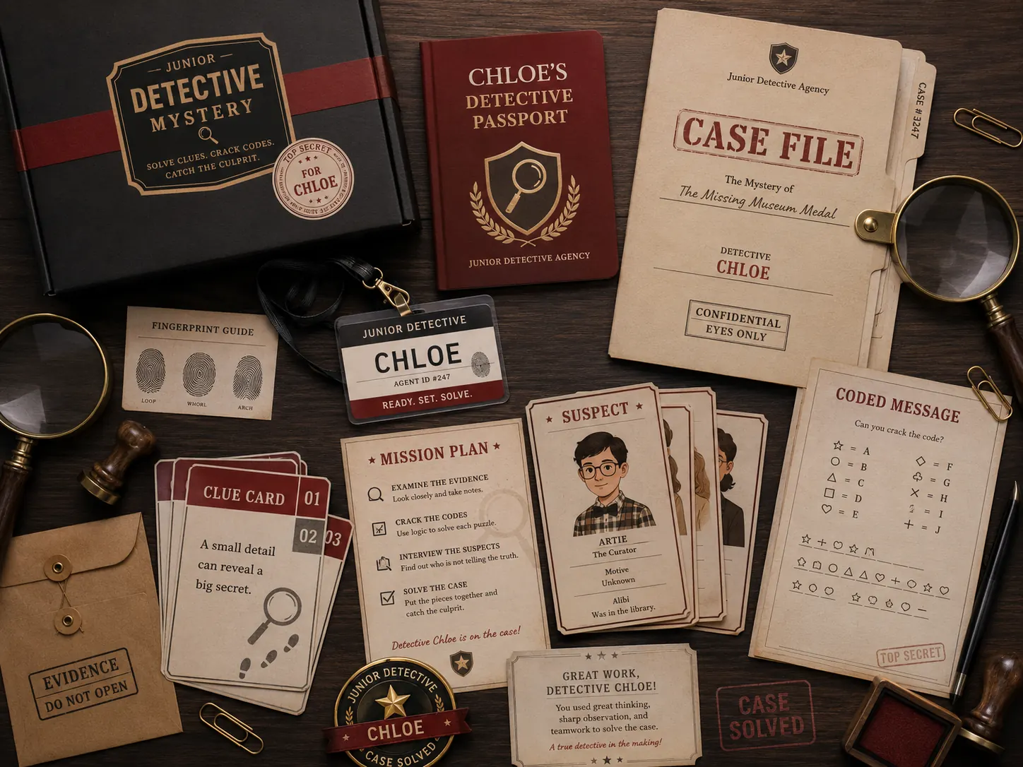Junior Detective Mystery sleepover experience kit — a personalized detective passport and agent ID badge, a case file, clue and suspect cards, a coded message, a fingerprint guide and a case-solved badge.