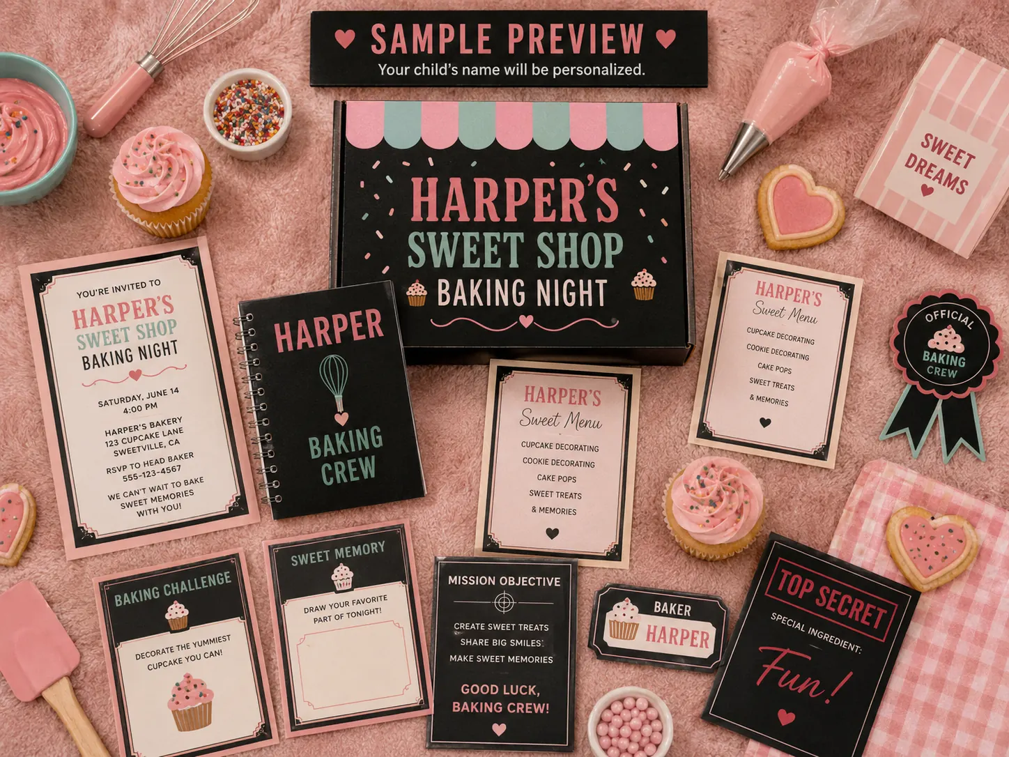 Sweet Shop Baking Night sleepover experience kit on a pink backdrop — a personalized bakery box, invitation, recipe notebook and name label, sweet menu cards, baking challenge and memory cards, a baking crew rosette, a piping bag, sprinkles and decorated cookies.