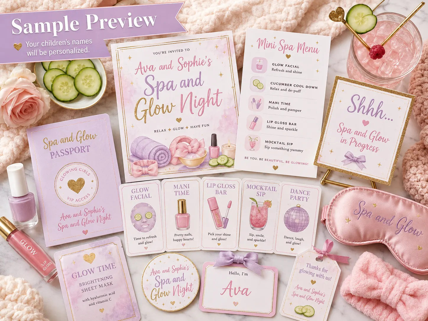 Spa and Glow Night sleepover experience kit — a personalized invitation, spa passport and name card, a mini spa menu, station cards, a sheet mask, lip gloss, nail colour, a thank-you tag, a sleep mask and a spa in progress sign.