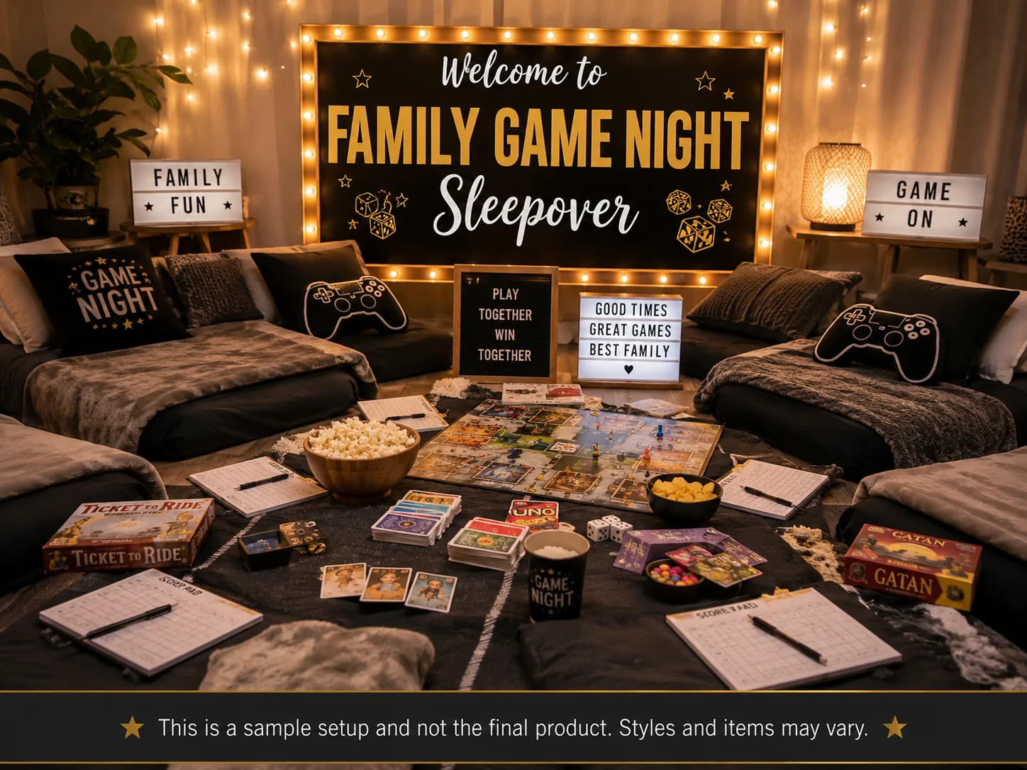 Ultimate Tabletop Game Night sleepover party setup — a lit-up personalized welcome sign above floor beds with game night cushions, a board game, card decks, dice, popcorn and score pads laid out on the floor.