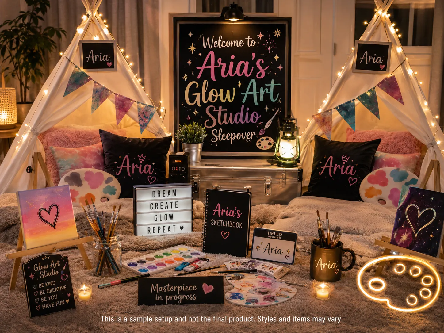 Glow Art Studio sleepover setup at night — a personalized welcome chalkboard in glowing script, white teepees with fairy lights and tie-dye bunting, personalized cushions, easels holding painted canvases, paint palettes, brush jars, a light box reading dream create glow repeat, a personalized sketchbook and a neon palette light.
