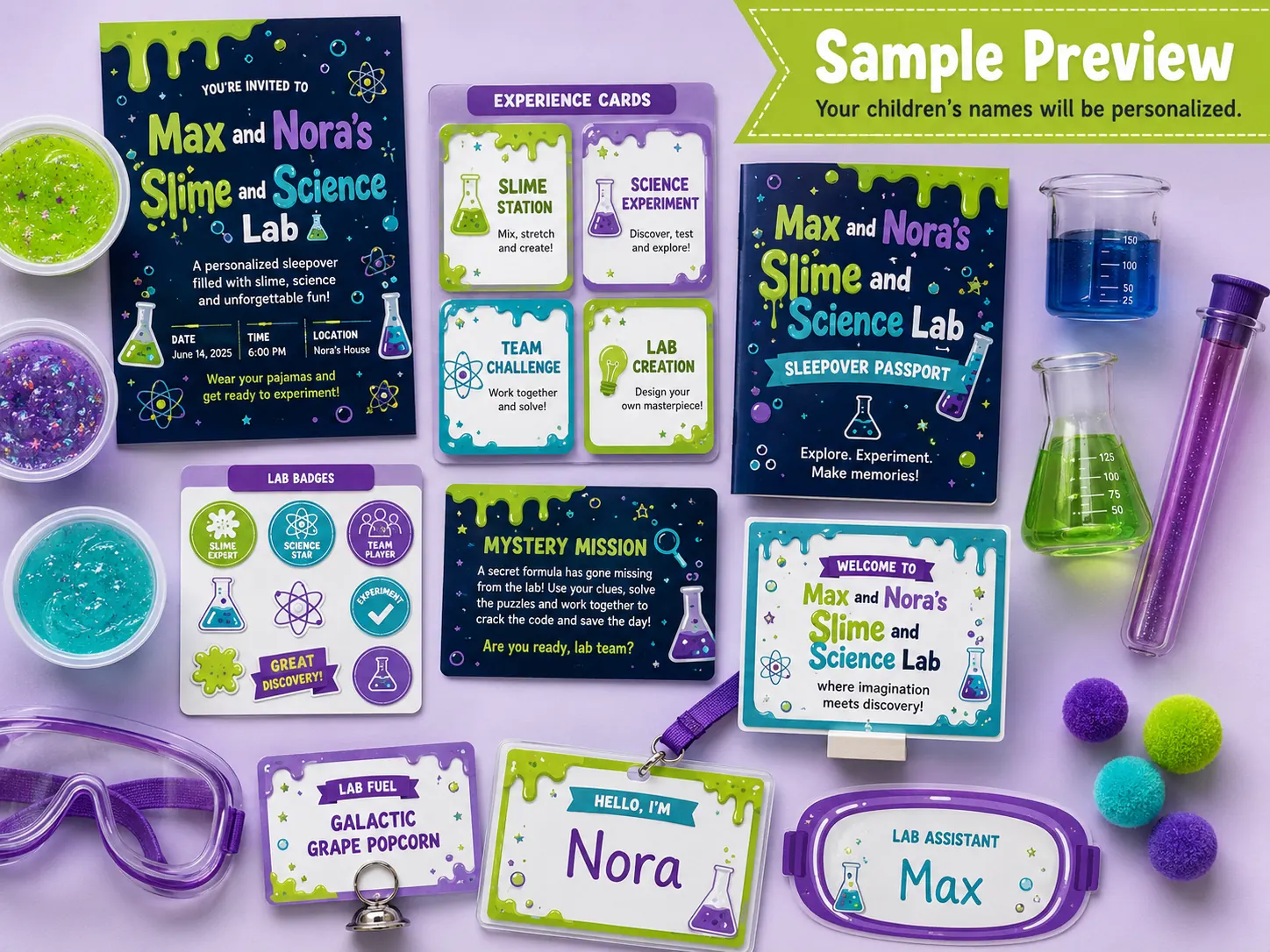 Slime and Science Lab sleepover experience kit — a personalized invitation, sleepover passport and name badge, experience cards for the slime station, science experiment, team challenge and lab creation, a lab badge sticker sheet, a mystery mission card, a welcome sign, a lab assistant goggles label and pots of slime.