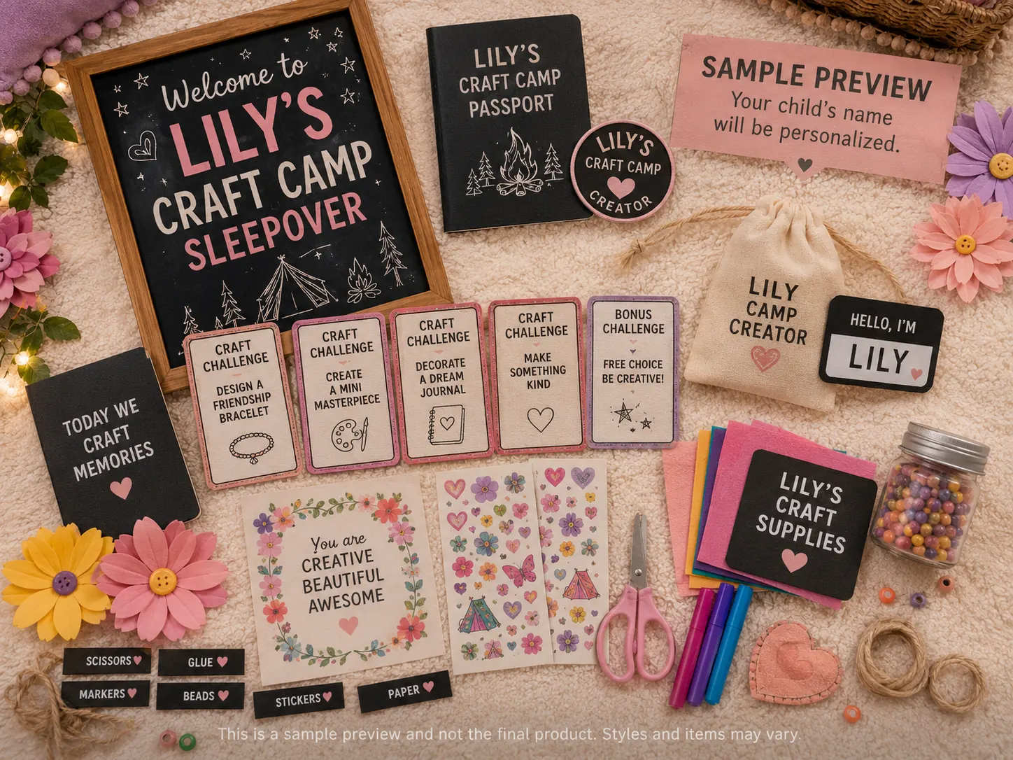 Craft Camp sleepover experience kit — a personalized welcome sign, camp passport, creator patch, drawstring bag and name badge, craft challenge cards, sticker sheets, felt squares, beads and supply labels.