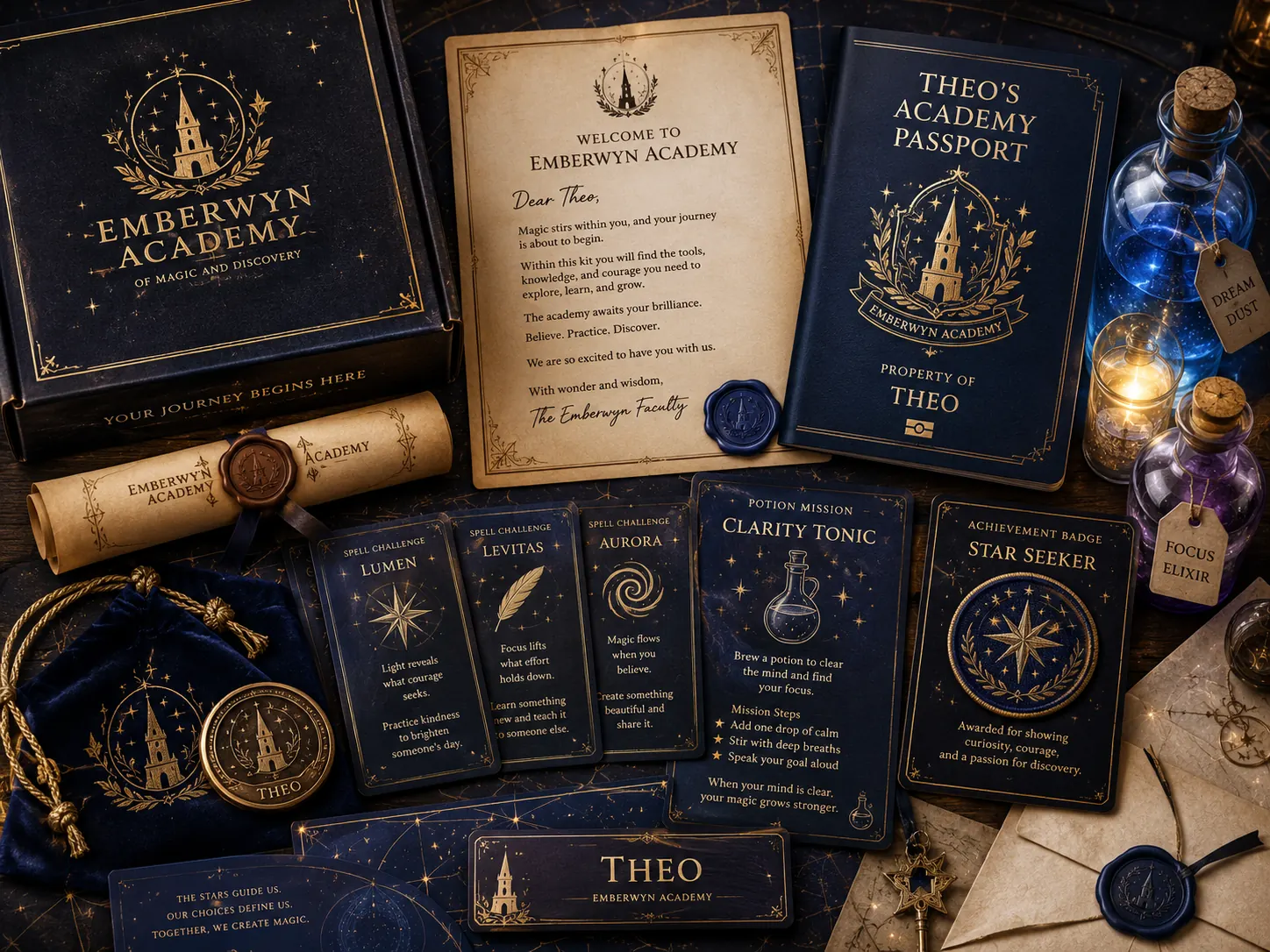 Wizarding Academy sleepover experience kit — a personalized academy passport and welcome letter, spell challenge cards, a potion mission card, an achievement badge, a medallion and a velvet pouch.