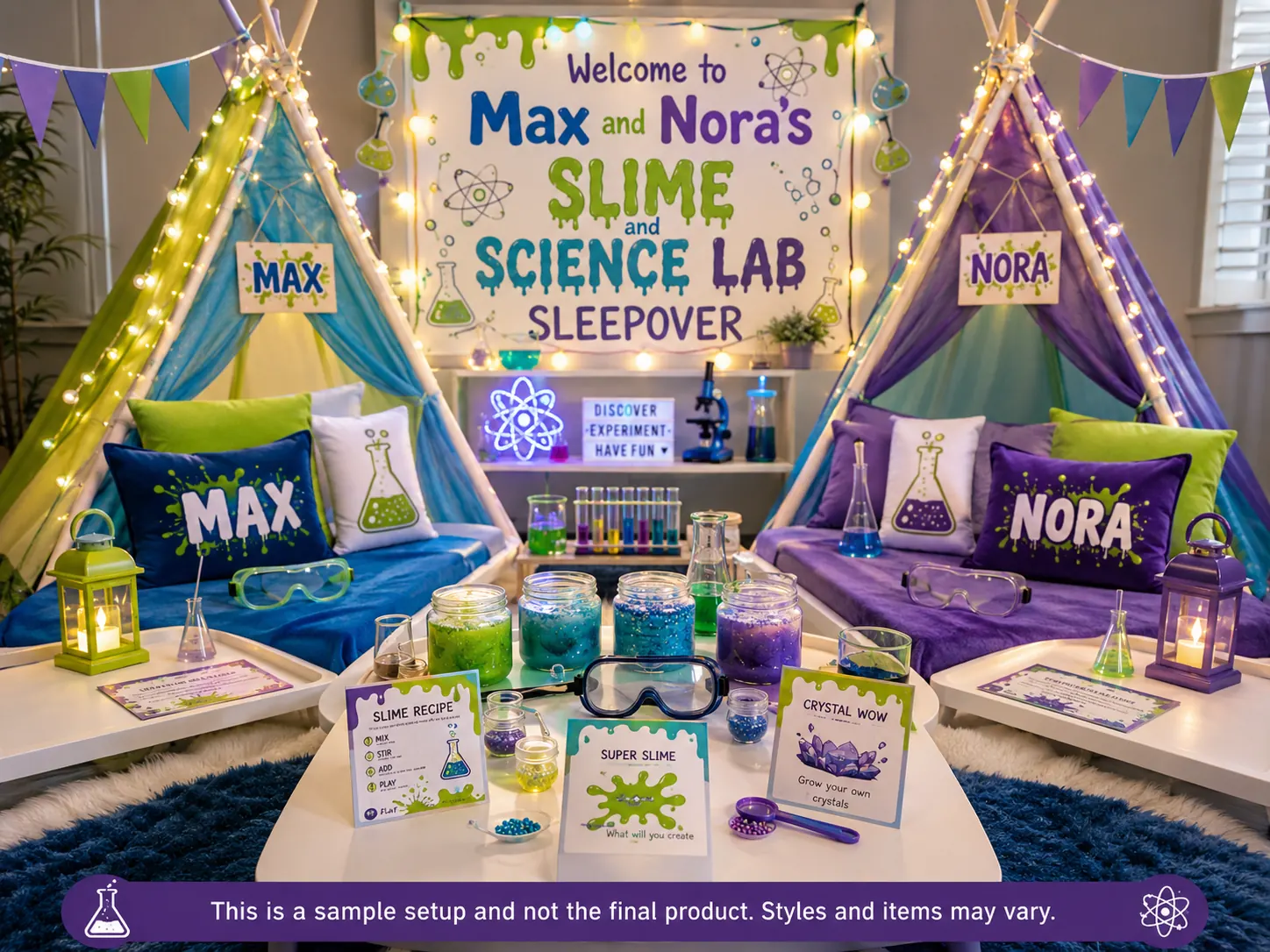 Slime and Science Lab sleepover setup — a personalized welcome sign, teepees with personalized name cushions in green, blue and purple, safety goggles, lanterns, jars of coloured slime, test tube racks, beakers, a microscope, a slime recipe card and a crystal-growing card.