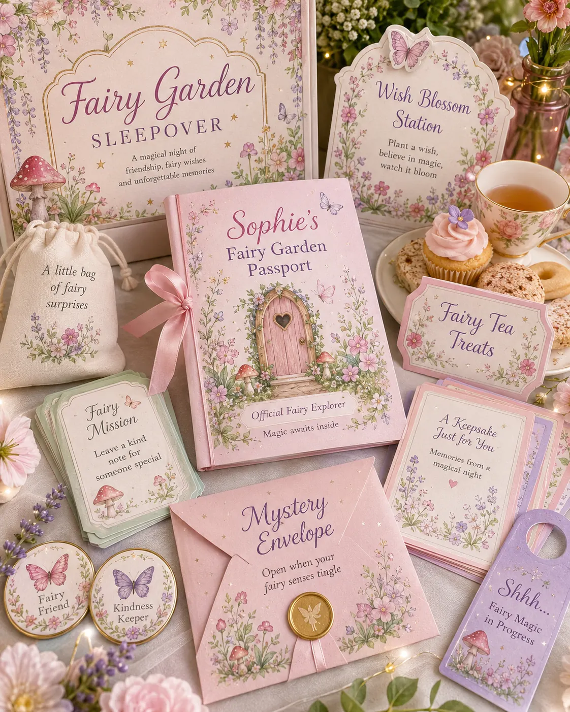 Fairy Garden sleepover experience kit — a personalized fairy garden passport, welcome sign and wish station sign, fairy mission cards, a wax-sealed mystery envelope, keepsake cards, badges and a drawstring bag of fairy surprises.