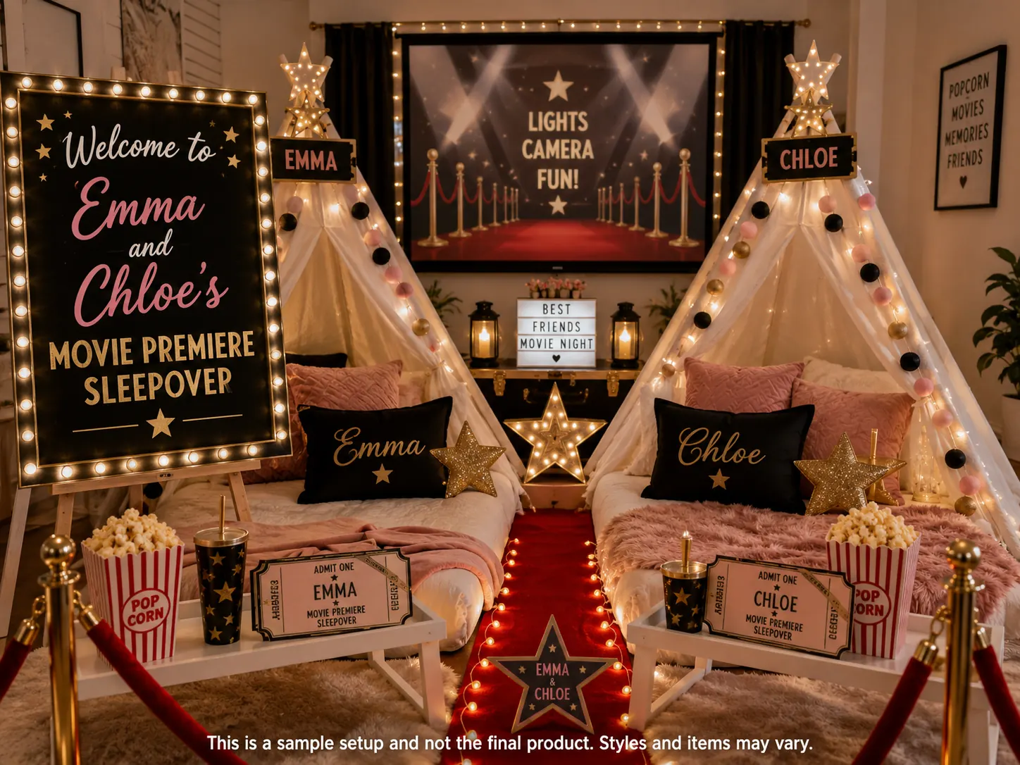Movie Premiere sleepover setup — a personalized welcome sign in marquee lights, teepees with star toppers and personalized name signs, a red carpet runner, a projector screen, popcorn boxes, star cushions and lanterns.