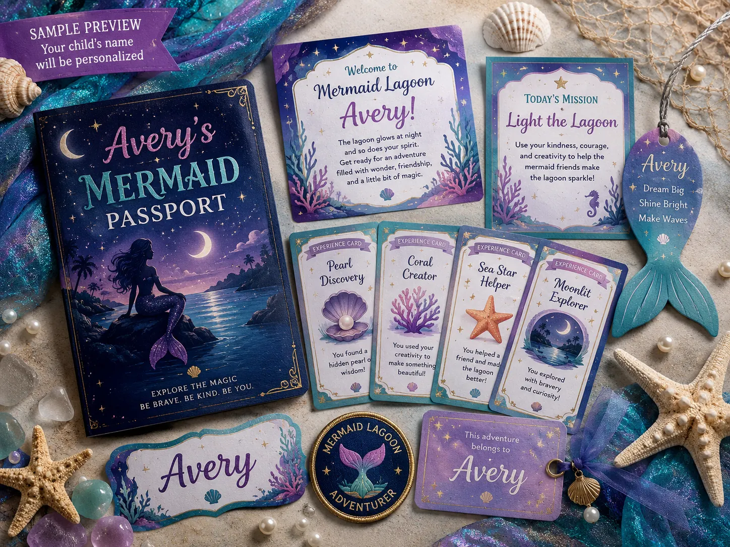 Mermaid Lagoon Night sleepover experience kit — a personalized mermaid passport, welcome card, mission card, experience cards, name tags and an adventurer badge.