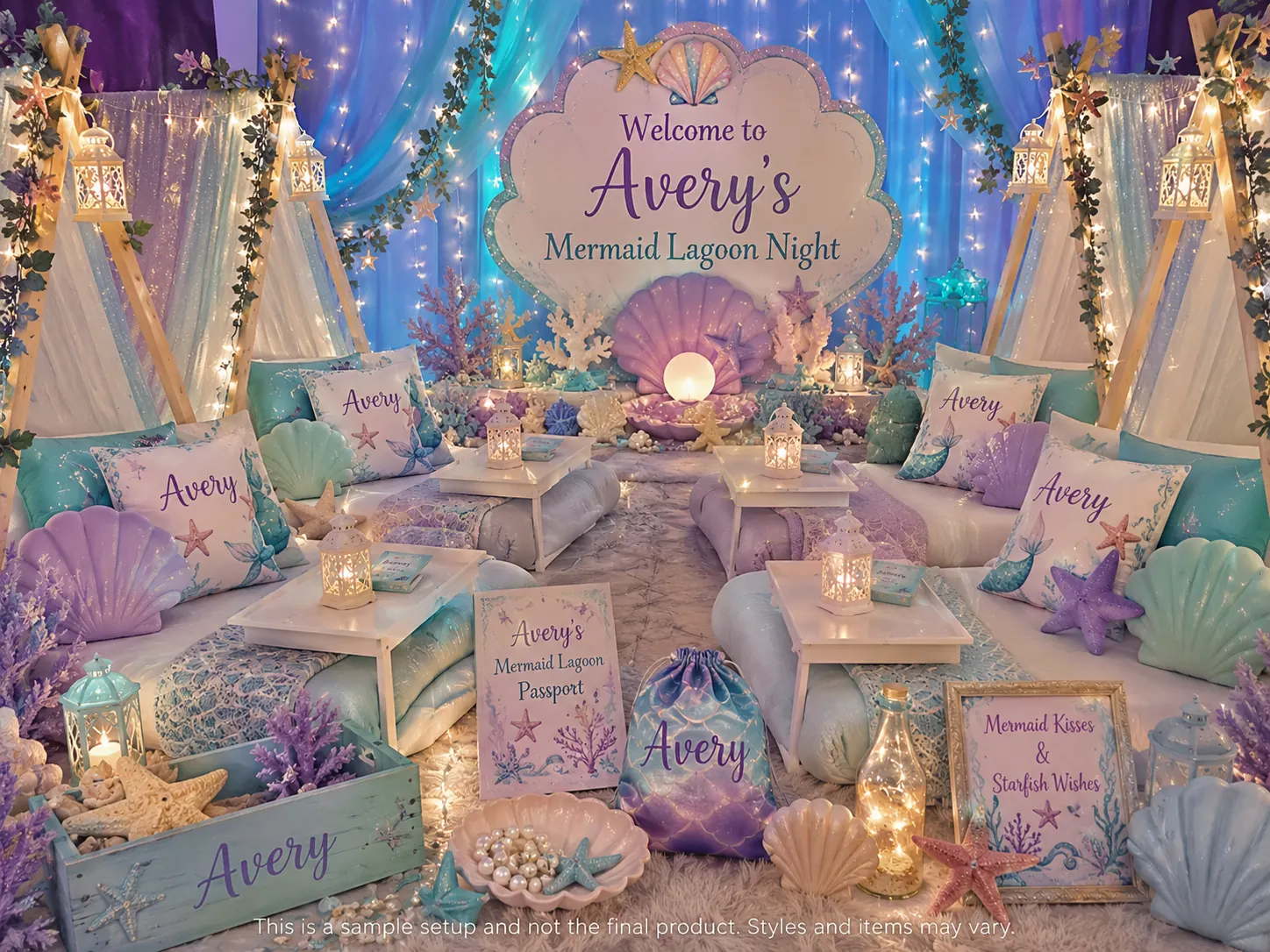 Mermaid Lagoon Night sleepover setup — a personalized welcome sign, teepee beds with shell cushions, lanterns, pearls, seashells and fairy lights in a lagoon-themed bedroom.