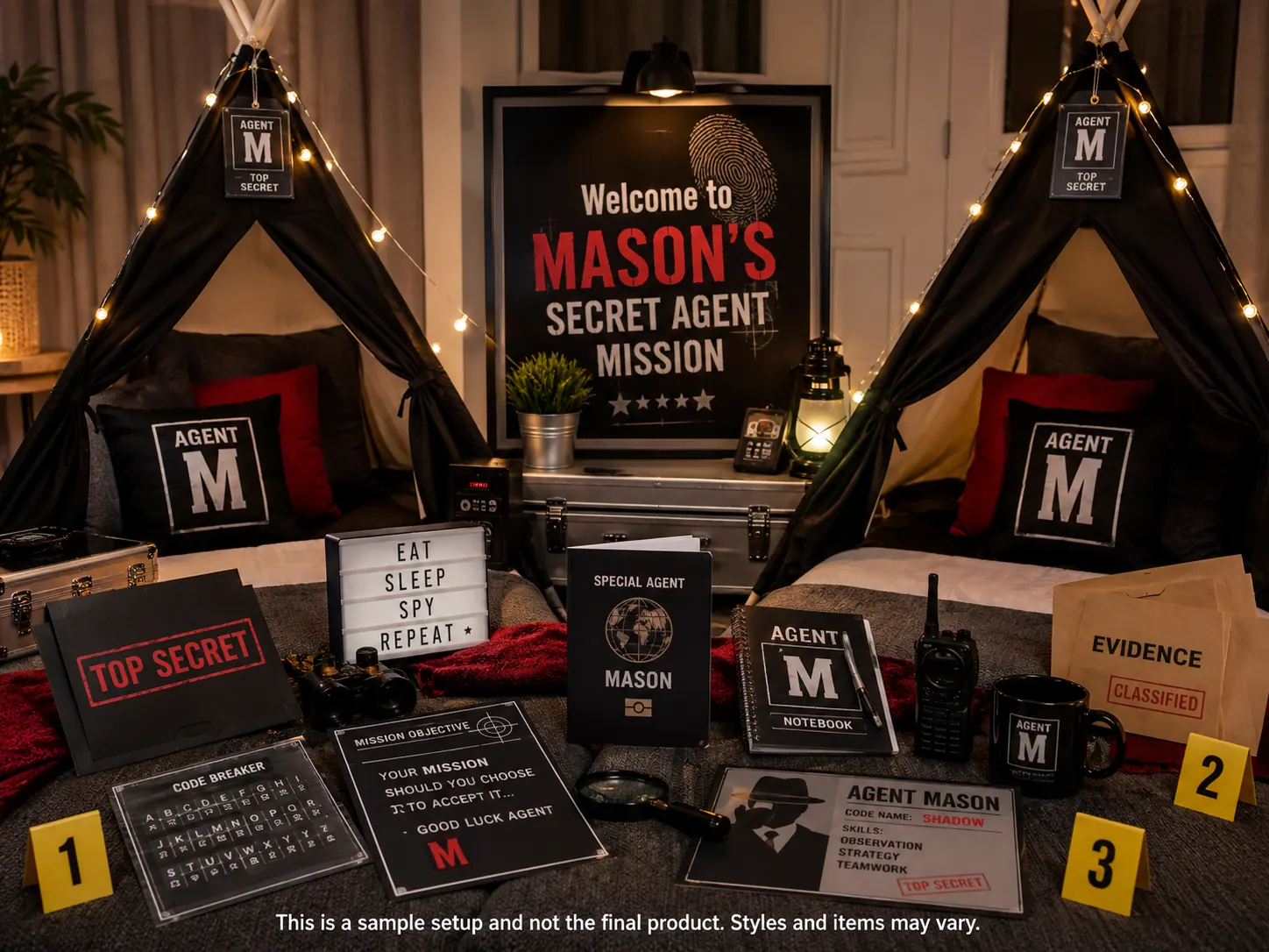 Secret Agent Mission sleepover setup — a personalized welcome sign with a fingerprint motif, black teepees with agent cushions, a code breaker card, a mission objective card, a personalized agent passport and notebook, binoculars, a radio, evidence envelopes and numbered markers.