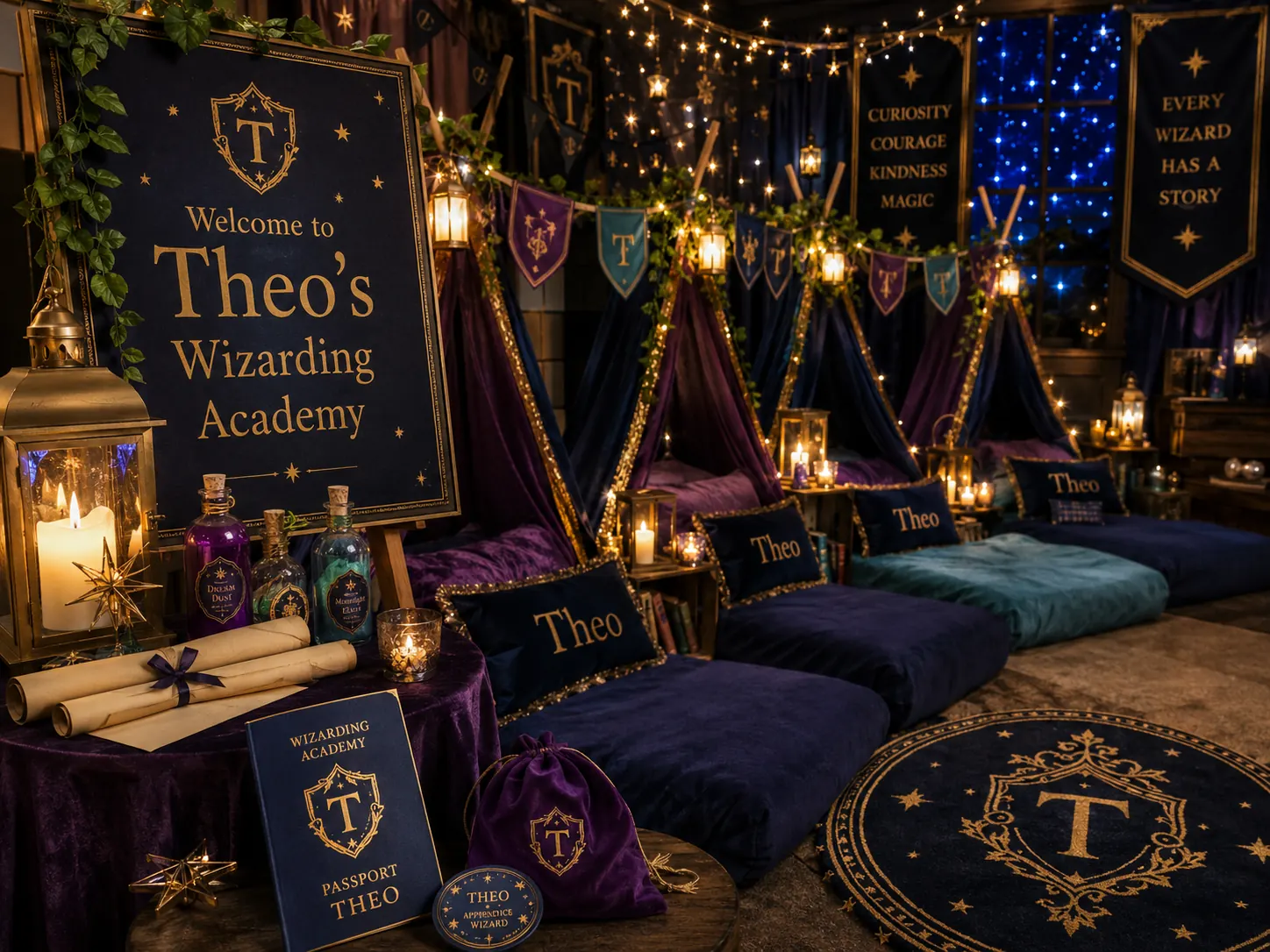Wizarding Academy sleepover setup — a personalized welcome sign, velvet teepees with monogrammed cushions, lanterns, potion bottles and hanging banners in a magical academy scene.