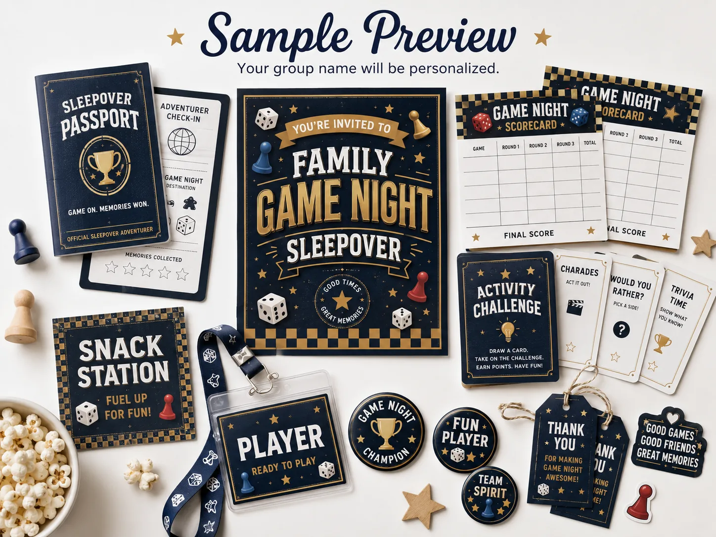 Ultimate Tabletop Game Night sleepover printable kit — a personalized game night sleepover invitation, sleepover passport, adventurer check-in card, game night scorecards, activity challenge, charades, would-you-rather and trivia cards, a snack station sign, a player lanyard pass, champion and team spirit badges and thank-you tags.
