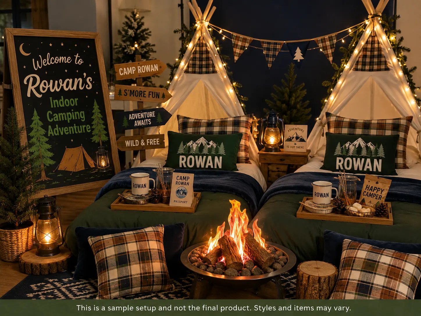 Indoor Camping Adventure sleepover setup — a personalized welcome sign, canvas teepees with plaid bunting and fairy lights, wooden trail signposts, lanterns, enamel mugs, a campfire centerpiece and s'mores trays.