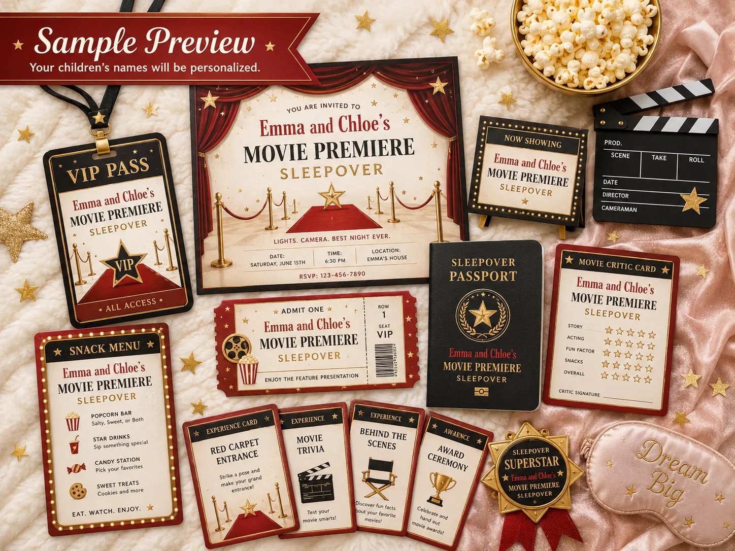 Movie Premiere sleepover experience kit — a personalized invitation, VIP pass, admit-one ticket and sleepover passport, a snack menu, a now showing sign, a movie critic card, experience cards for the red carpet entrance, movie trivia, behind the scenes and award ceremony, a clapperboard, a superstar rosette and a sleep mask.
