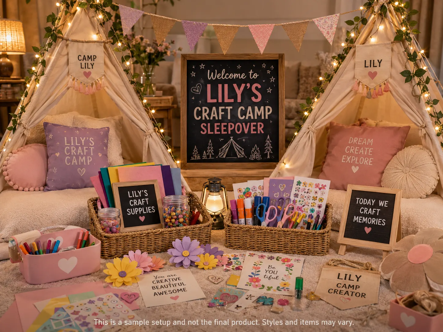 Craft Camp sleepover setup in pastel tones — a personalized welcome chalkboard, canvas teepees with tassel banners and fairy lights, personalized cushions, woven baskets of craft supplies, felt sheets, markers, scissors, sticker sheets, paper flowers and a lantern.