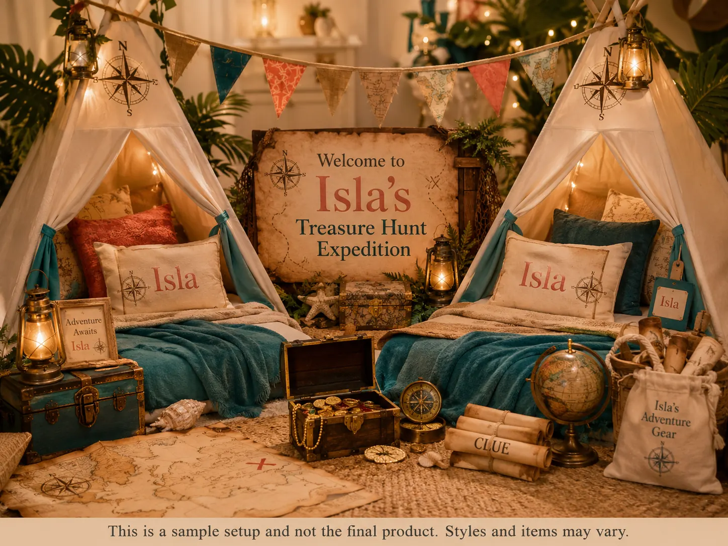 Treasure Hunt Expedition sleepover setup — a personalized welcome sign, canvas teepees with compass motifs, lanterns, a treasure chest of gold coins, map scrolls, a globe, a brass compass and an adventure gear bag.