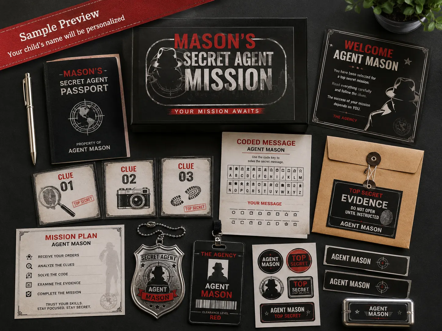 Secret Agent Mission sleepover experience kit — a personalized agent passport, a mission box, a welcome card, clue cards, a coded message with a cipher key, a mission plan, an agent badge, an ID lanyard, stickers and personalized name labels.
