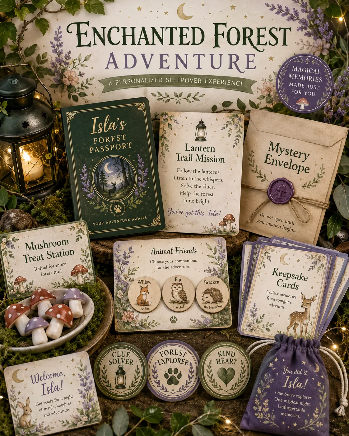Enchanted Forest Adventure sleepover kit — a personalized forest passport, lantern trail mission card, wax-sealed mystery envelope, animal friend tokens, achievement badges and keepsake cards.