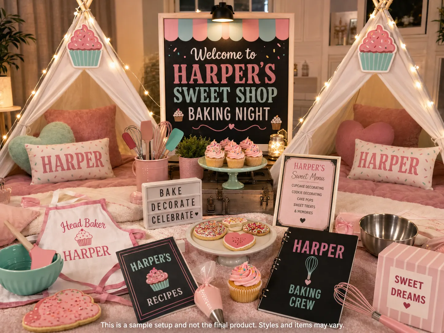 Sweet Shop Baking Night sleepover setup — a personalized welcome chalkboard with a bakery awning motif, teepees with cupcake decorations, personalized cushions, a personalized apron, a cake stand of decorated cookies and cupcakes, a sweet menu sign, mixing bowls, whisks and piping bags.