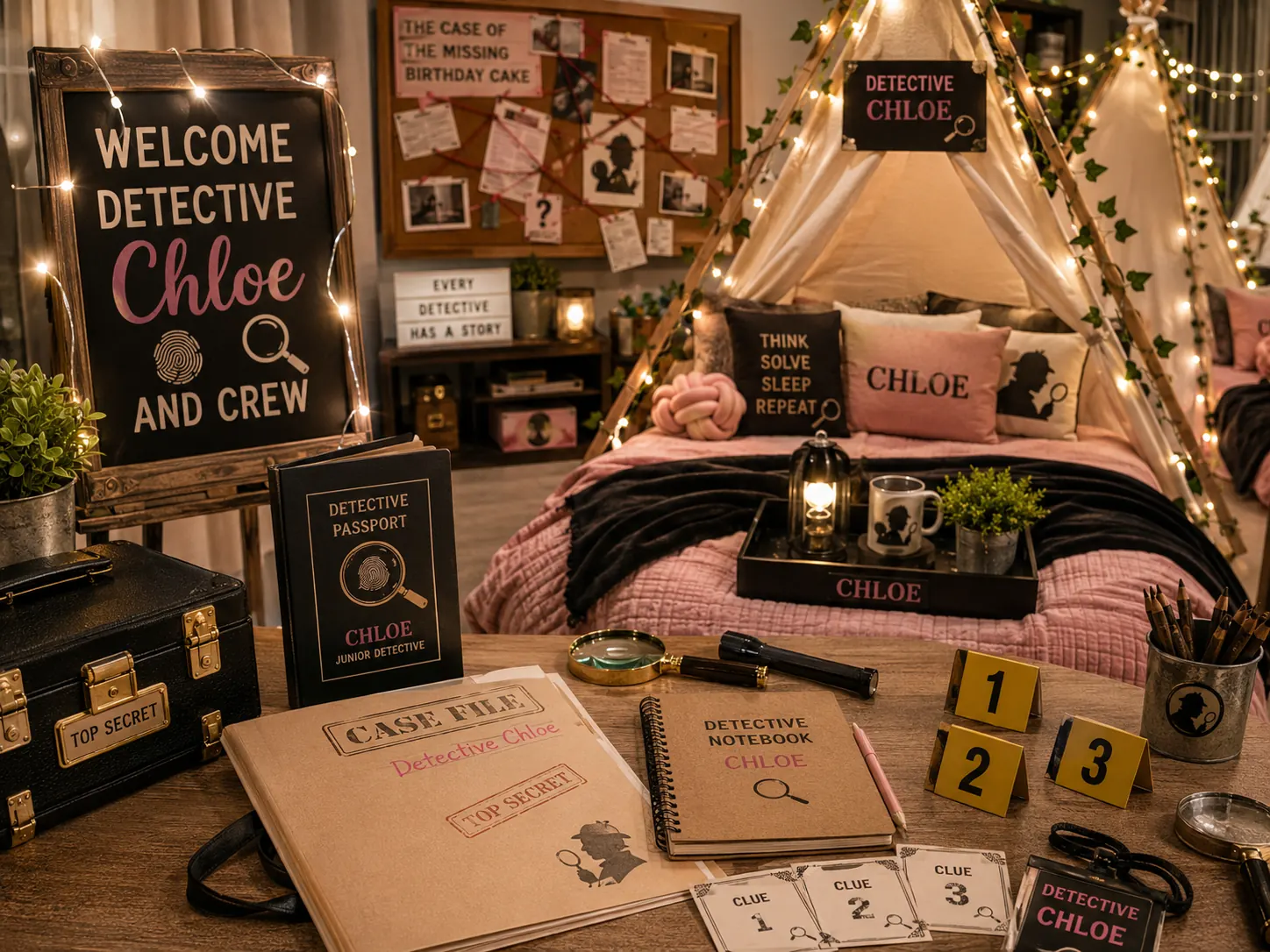 Junior Detective Mystery sleepover set up as a detective headquarters — a personalized welcome sign, an evidence pinboard, a teepee, case files, magnifying glasses and numbered evidence markers.