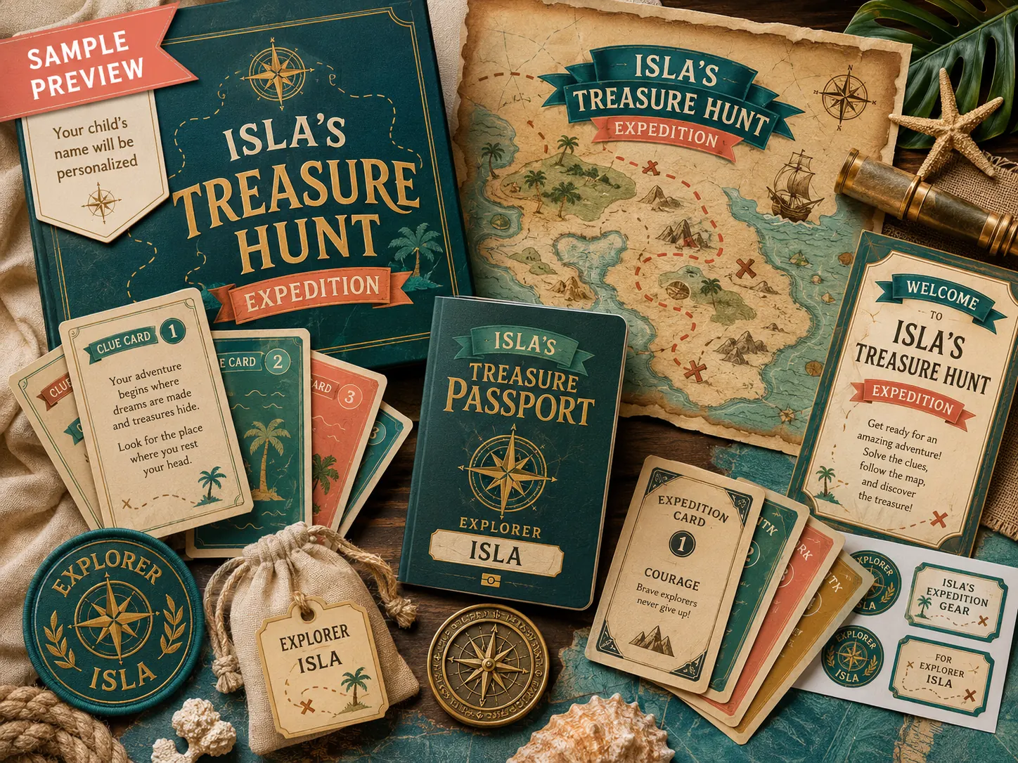 Treasure Hunt Expedition sleepover experience kit — a personalized treasure passport, an illustrated treasure map, clue cards, expedition cards, an explorer badge, a drawstring pouch, a medallion and personalized name labels.