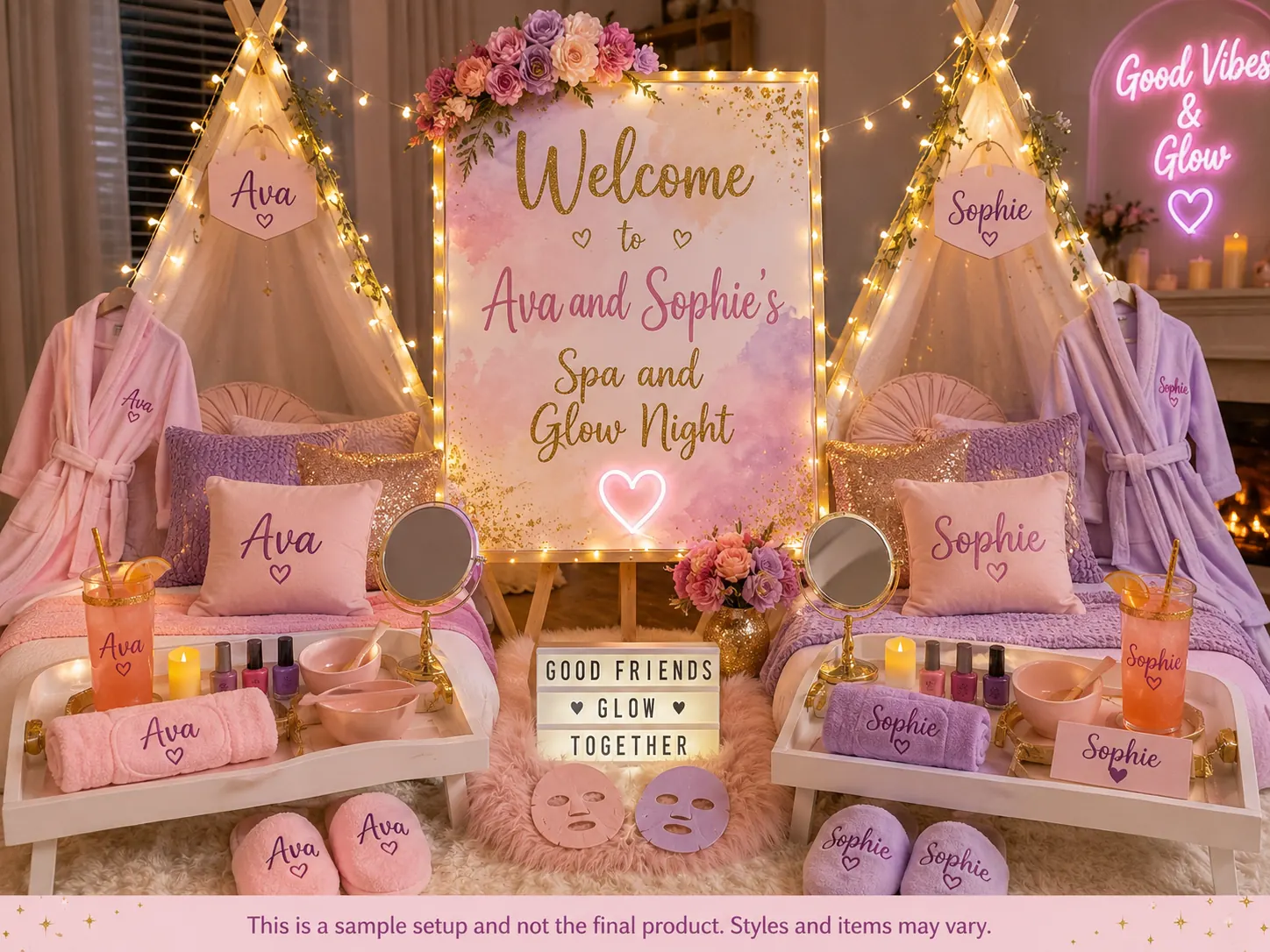 Spa and Glow Night sleepover setup in pink and lilac — a personalized welcome sign, canopy tents with fairy lights, personalized robes, cushions and slippers, spa trays with rolled towels, nail colours and bowls, mocktails, sheet masks and a light box reading good friends glow together.