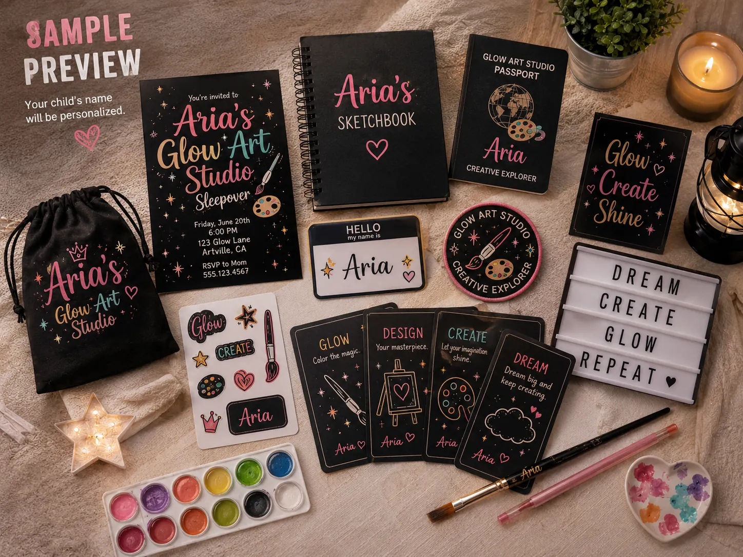 Glow Art Studio sleepover experience kit — a personalized drawstring bag, invitation, sketchbook, studio passport and name badge, an embroidered creative explorer patch, a sticker sheet, prompt cards, a paint set and brushes.