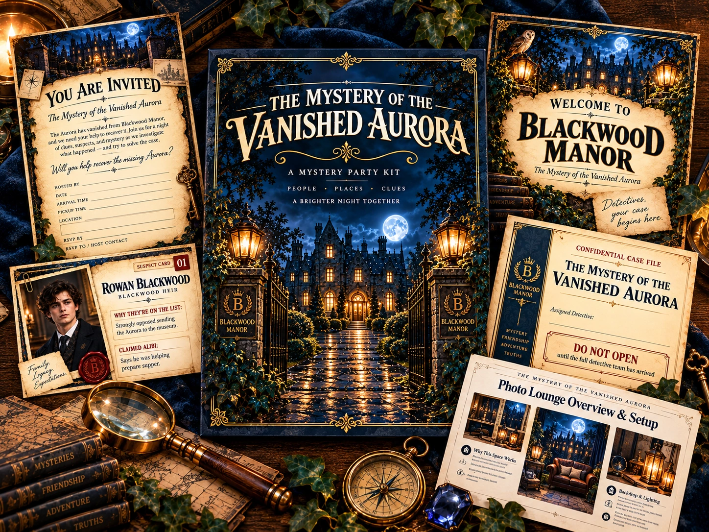 Sleepover ideas for kids featuring The Mystery of the Vanished Aurora printable mystery party kit by Party & Pillow, with Blackwood Manor invitations, detective case files, suspect cards, clue cards, themed signs, and photo lounge printables in a rich navy, parchment, and gold mystery design.