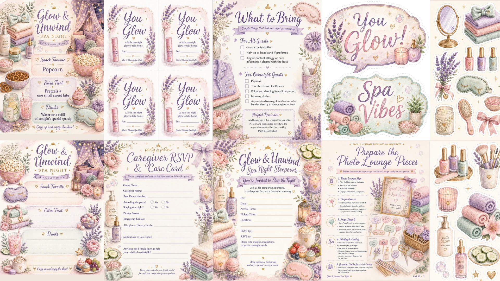 Glow & Unwind Spa Night printable sleepover kit — printable invitations, spa photo lounge decorations, keepsakes.