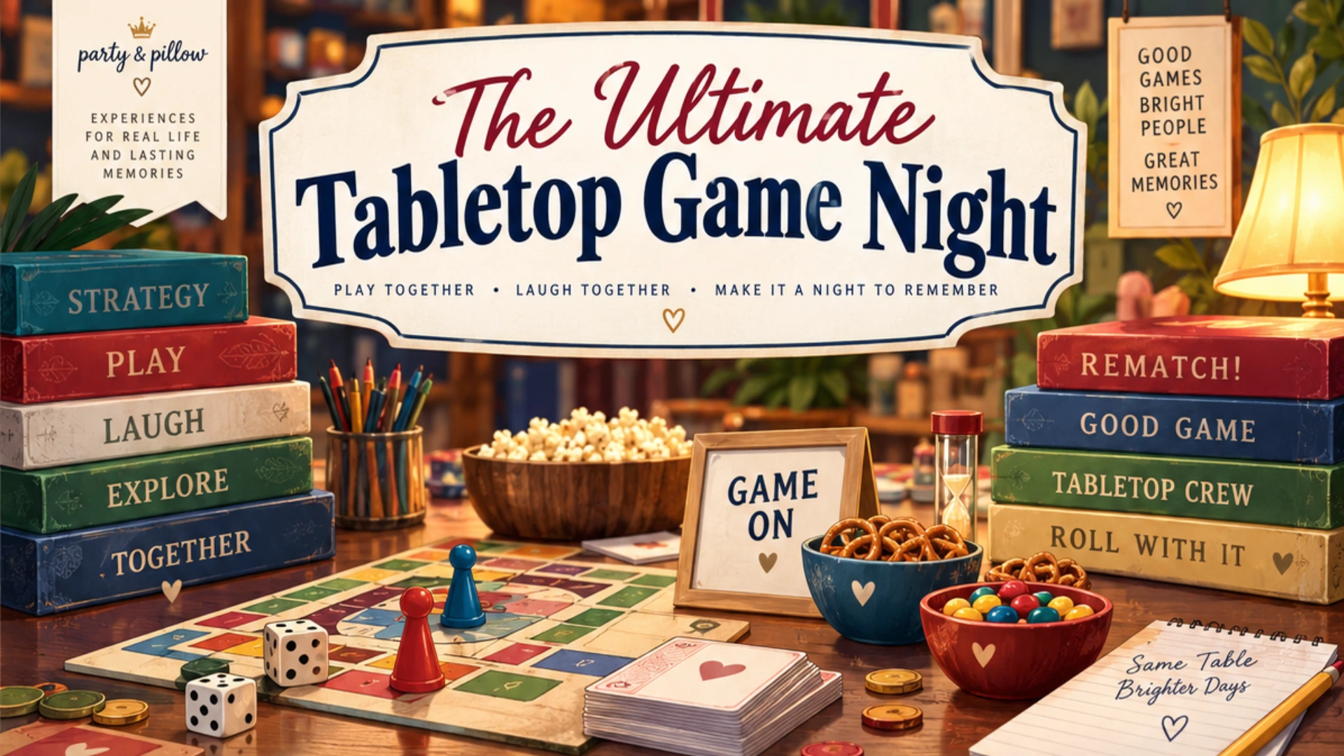 Ultimate Tabletop Game Night printable kit — a printable game night sleepover invitation, sleepover passport, adventurer check-in card, game night scorecards, activity challenge, charades, would-you-rather and trivia cards, a snack station sign, a player lanyard pass, champion and team spirit badges and thank-you tags.